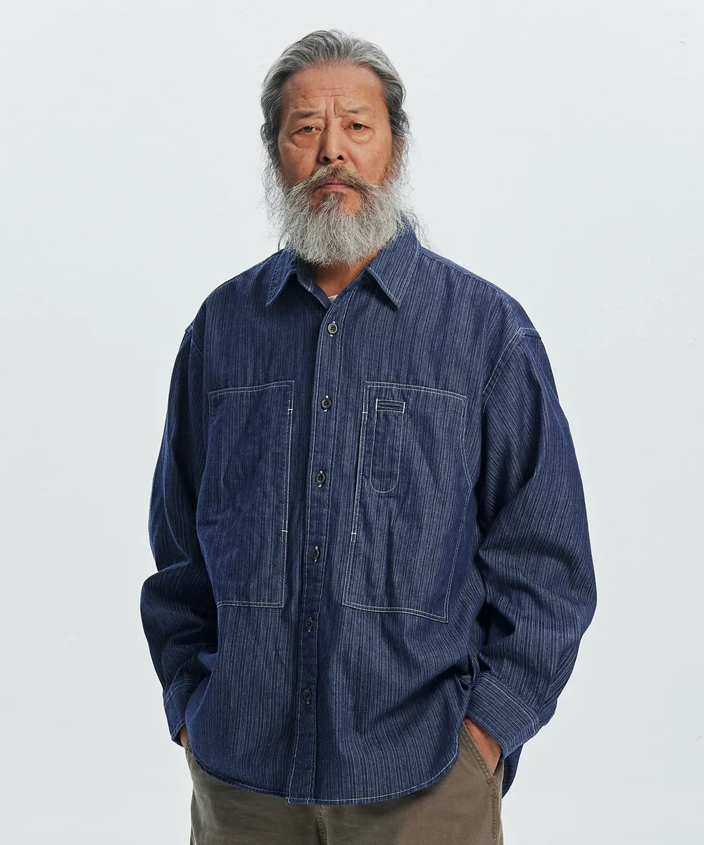 FrizmWORKS - Denim Carpenter Pocket Shirt (Indigo Stripe)