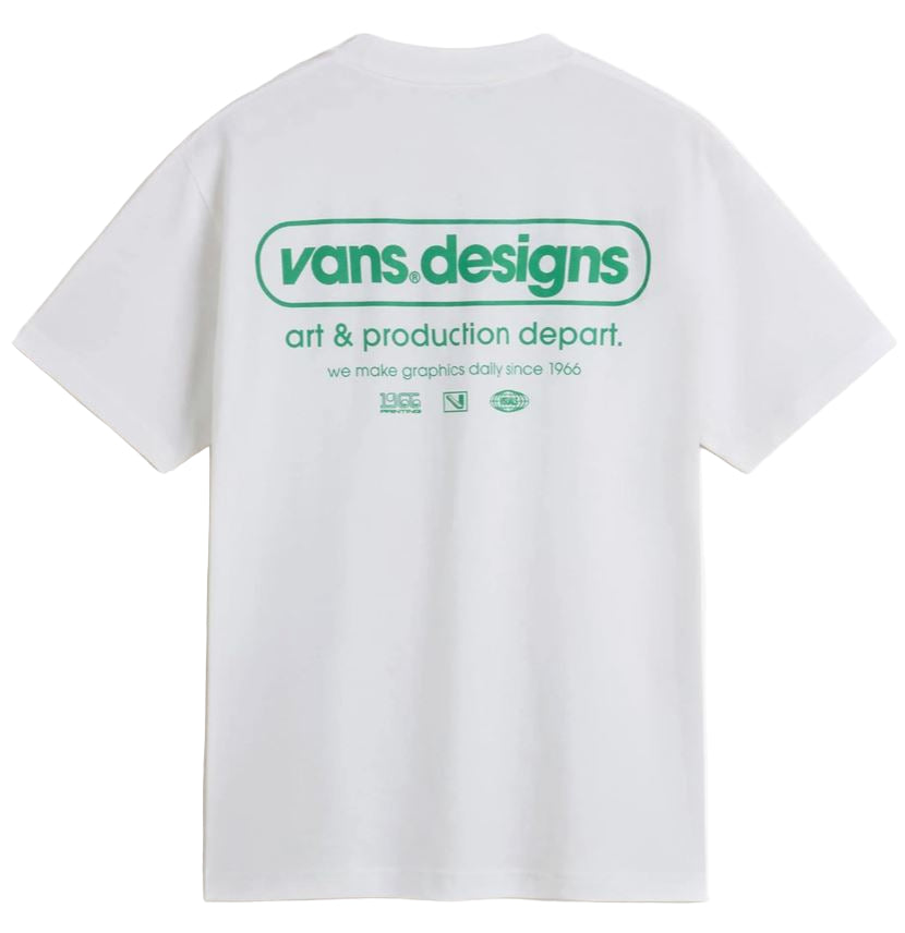White t-shirt with green 'vans designs' text on a white background