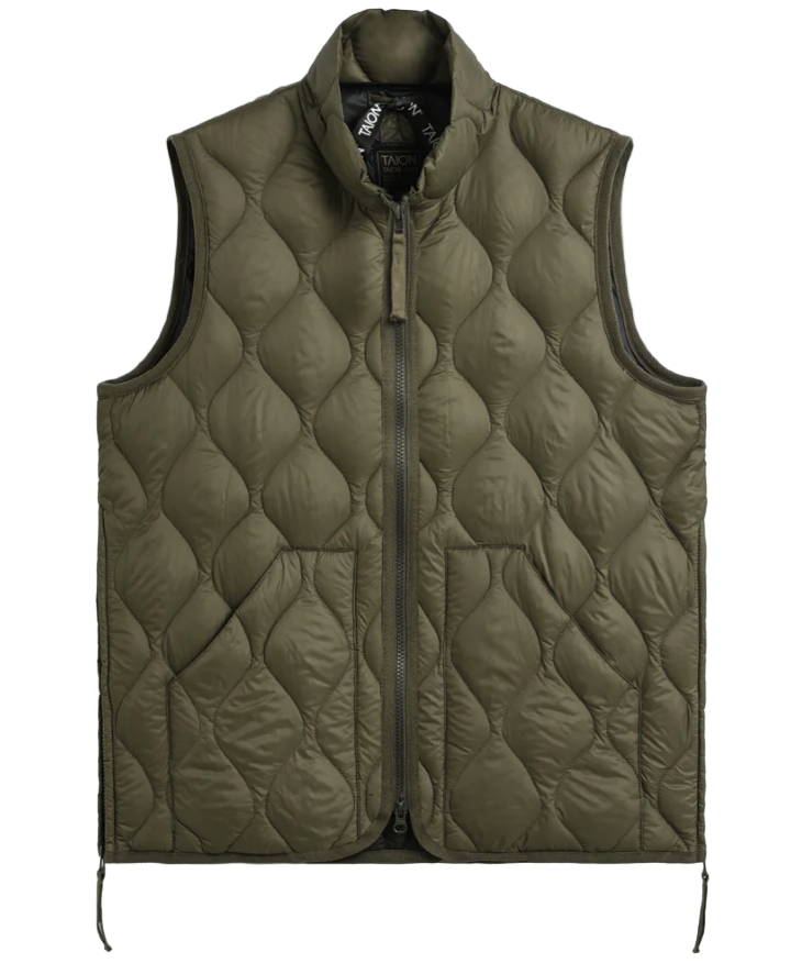 TAION - Unisex Military Hi-Neck W-Zip Down Vest (Soft Shell) (Olive)