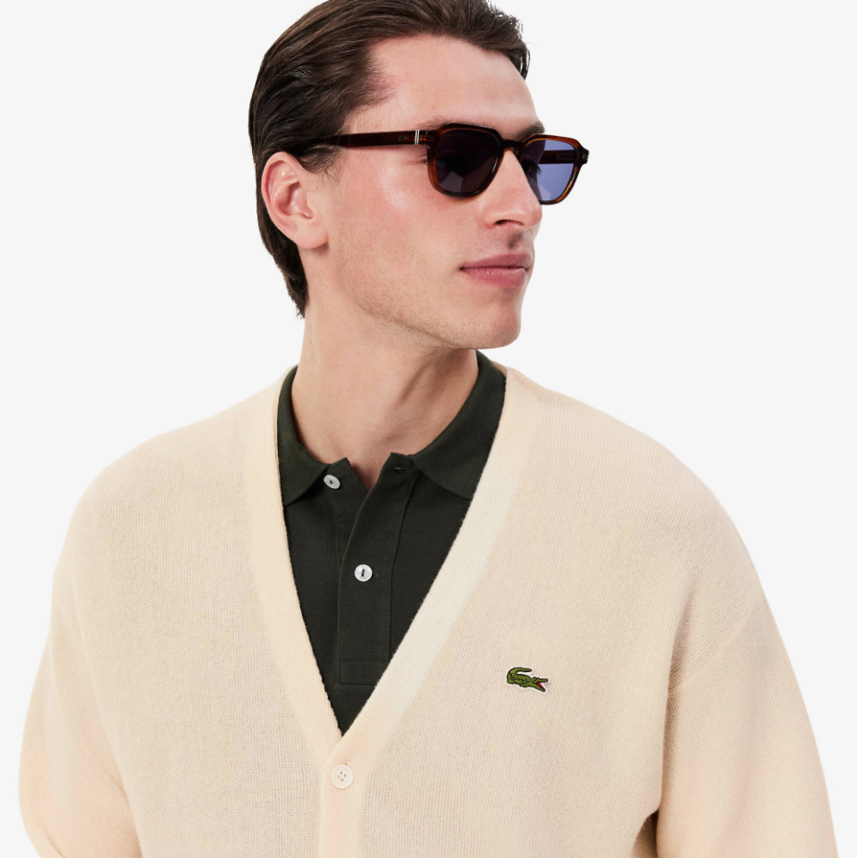 Lacoste - Relaxed Fit Carded Wool Cardigan (Ecru White)