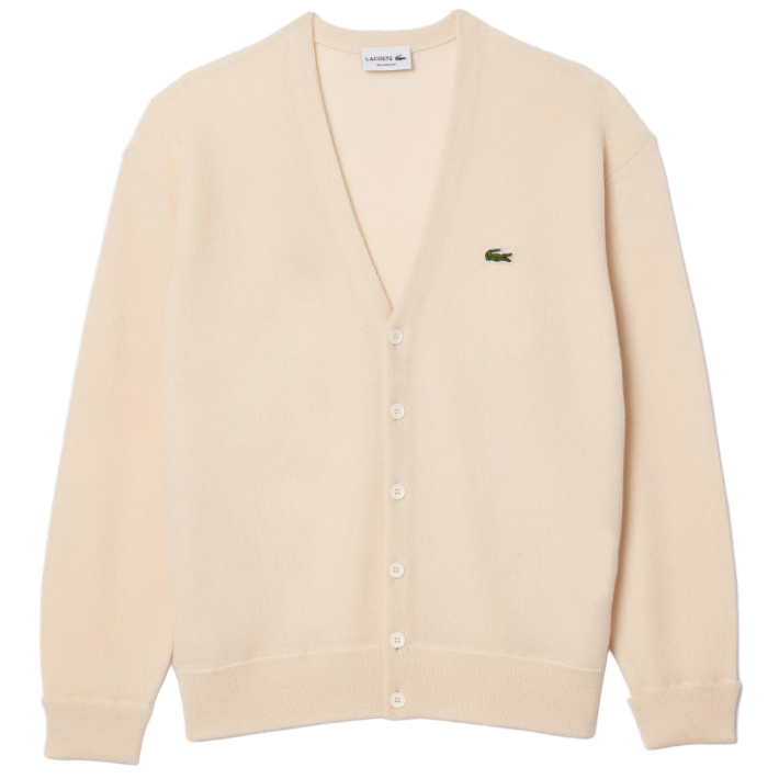 Lacoste - Relaxed Fit Carded Wool Cardigan (Ecru White)