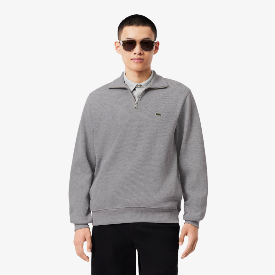 Lacoste - Zip-Up High Neck Interlock Sweatshirt (Light Heathered Grey)