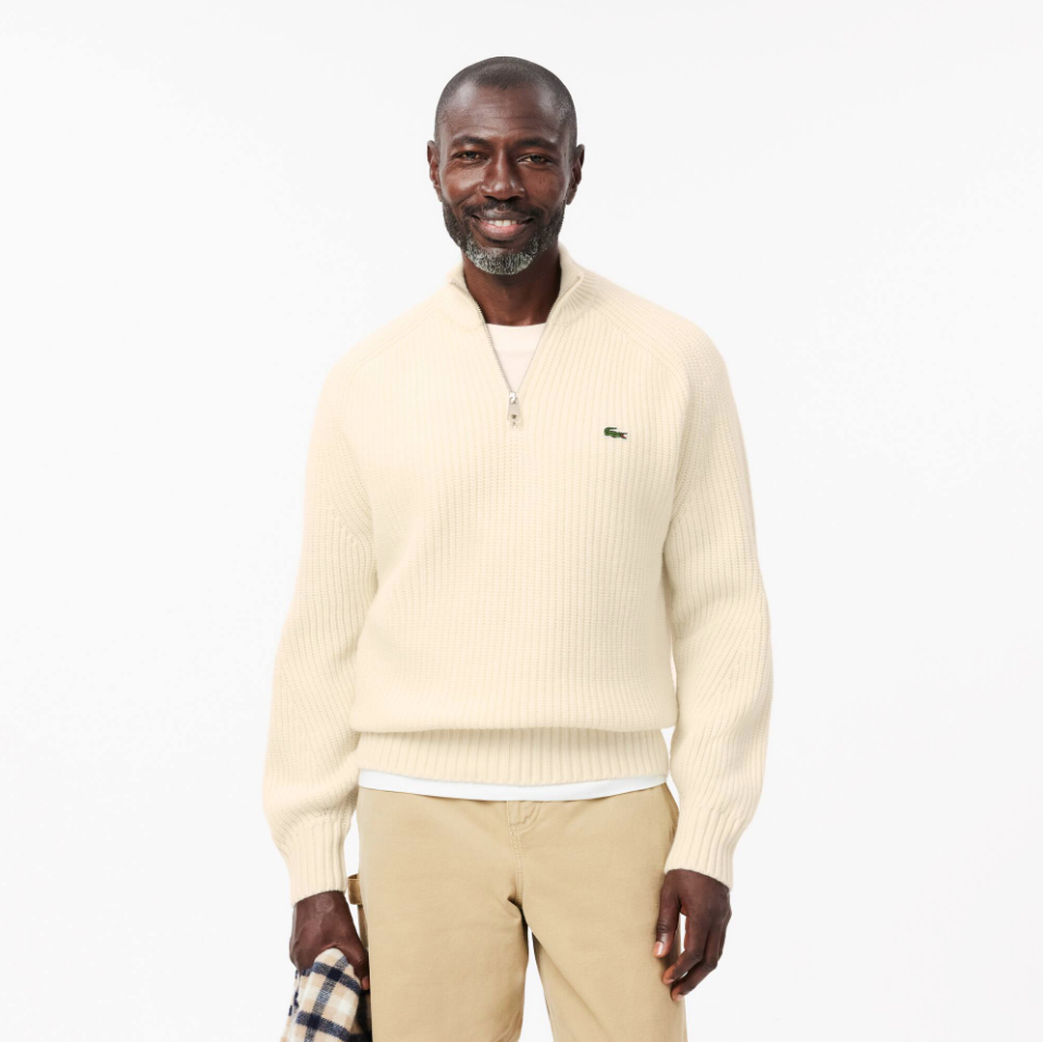Lacoste - Zipped High Neck Carded Wool Sweater (Ecru White)