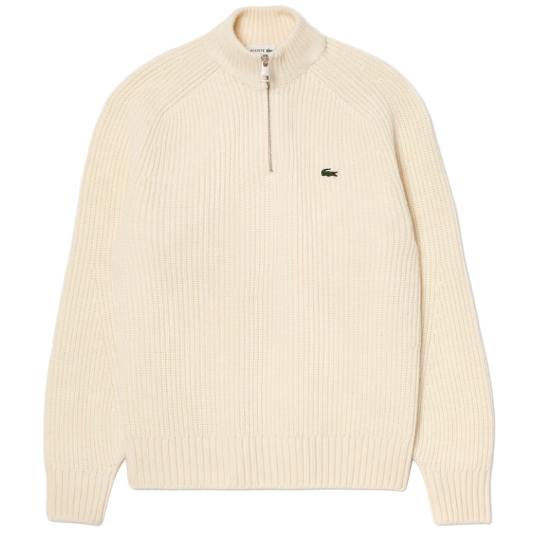 Lacoste - Zipped High Neck Carded Wool Sweater (Ecru White)